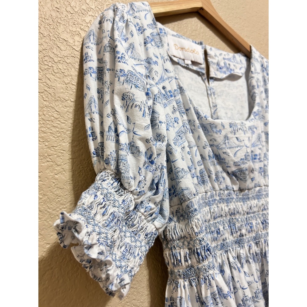 Dondolo XL Toile Top Blue White Smocked Puff Sleeve Cotton Cottage Ferris Travel - Picture 9 of 11